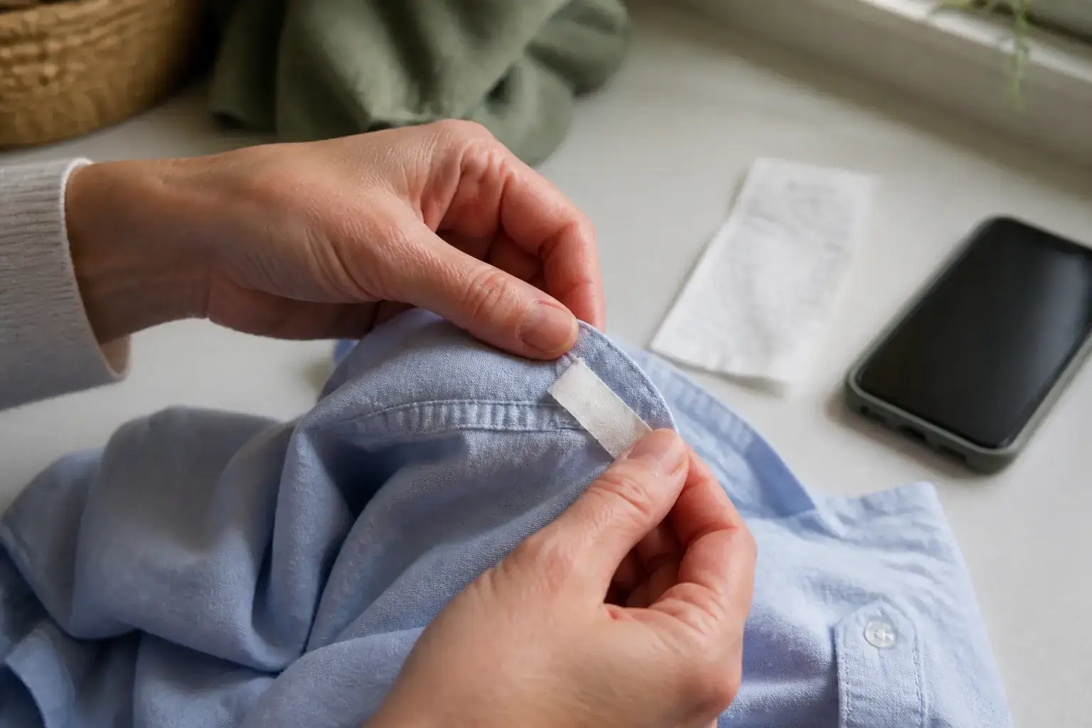 Mains examinant la couture intérieure d’une chemise dont il reste un petit morceau d’étiquette blanche