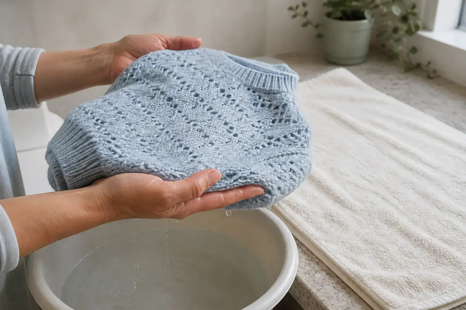 Deux mains soutenant entièrement une maille bleu clair mouillée au-dessus d’une bassine