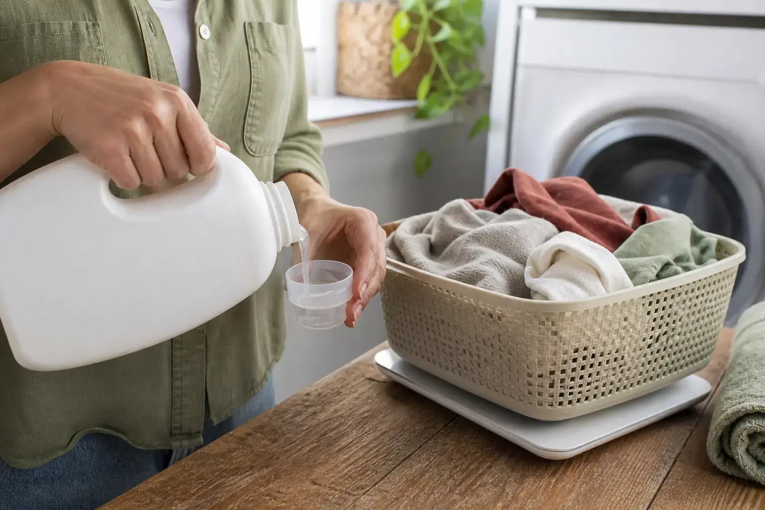 Personne versant de la lessive dans un bouchon doseur près d’un panier de linge et d’une balance