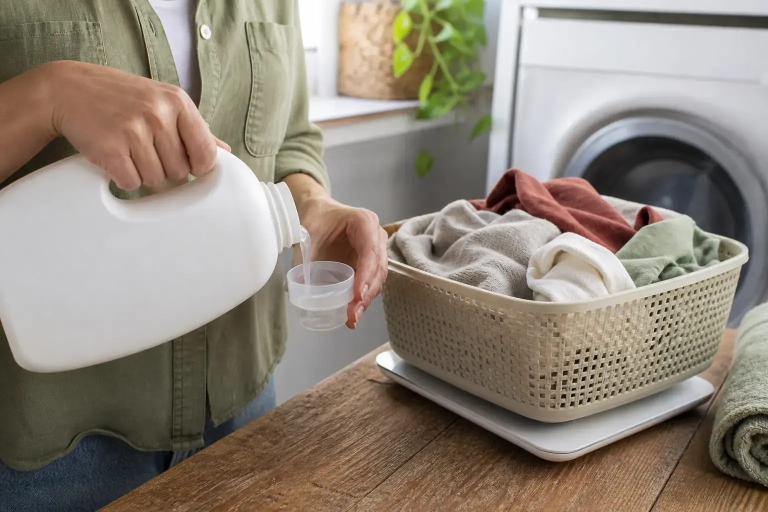 Personne versant de la lessive dans un bouchon doseur près d’un panier de linge et d’une balance