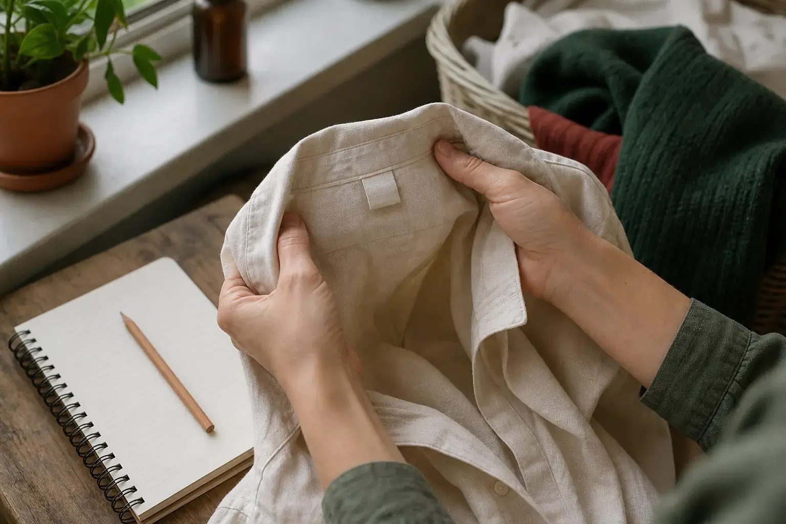 Mains tenant l’étiquette intérieure d’une chemise écrue près d’un carnet et d’un crayon