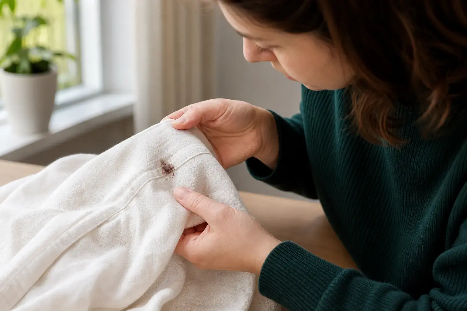 Personne observant une petite tache sombre sur une manche claire près d’une fenêtre