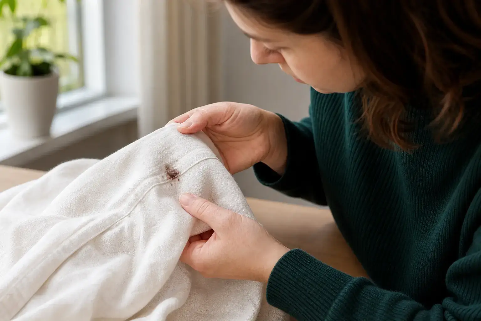 Personne observant une petite tache sombre sur une manche claire près d’une fenêtre