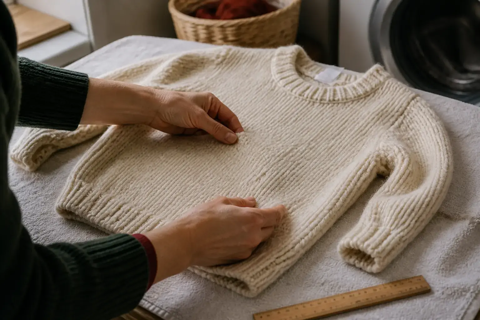 Mains examinant la maille dense d’un pull en laine posé à plat près de son étiquette