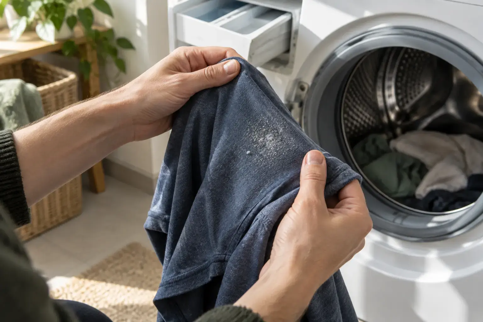 Mains examinant un dépôt clair sur un vêtement humide devant un lave-linge ouvert