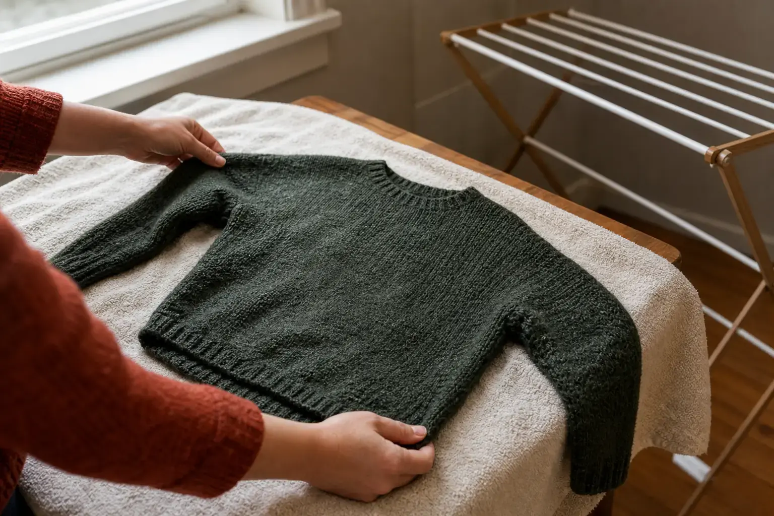 Pull humide remis en forme à plat sur une serviette claire près d’un étendoir