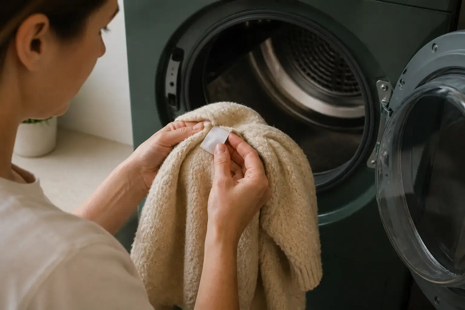 Personne tenant un pull humide devant un sèche-linge ouvert tout en consultant sa petite étiquette intérieure