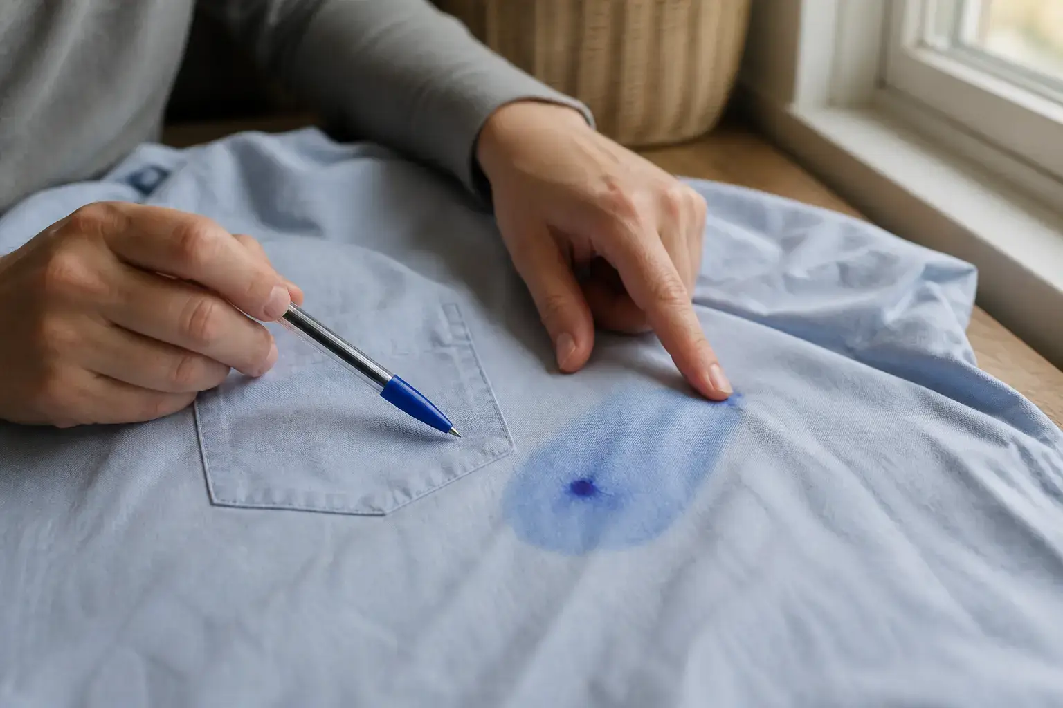 Mains examinant une auréole d’encre bleue sur une poche de chemise claire posée à plat