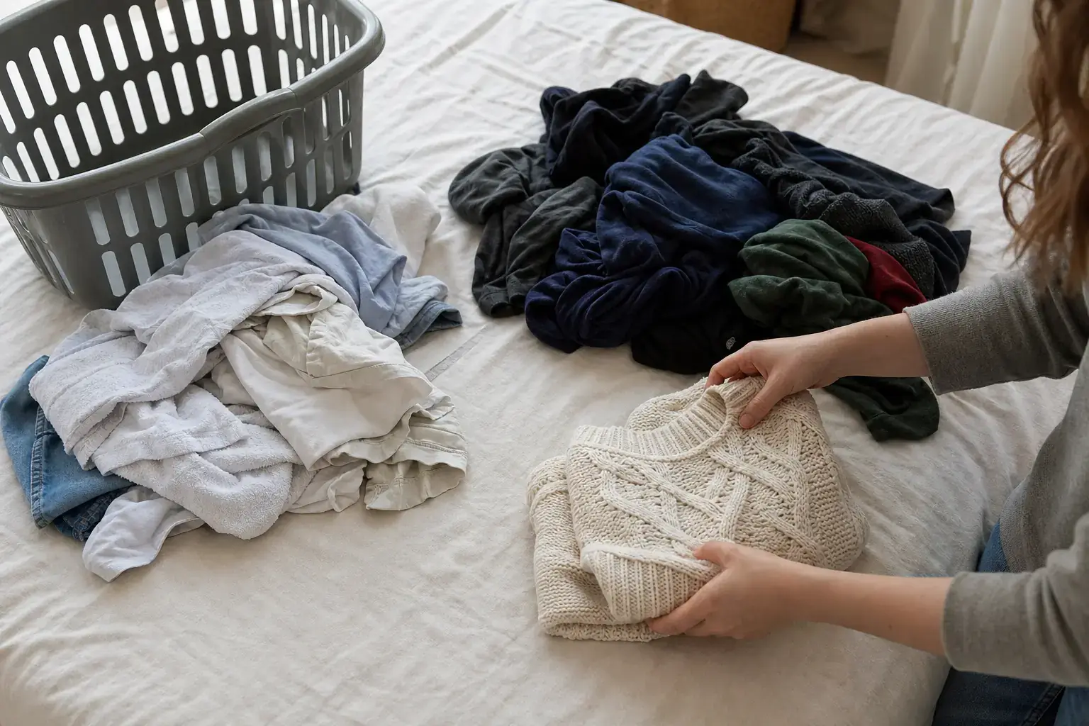 Mains séparant sur un lit des vêtements clairs, foncés et une maille délicate