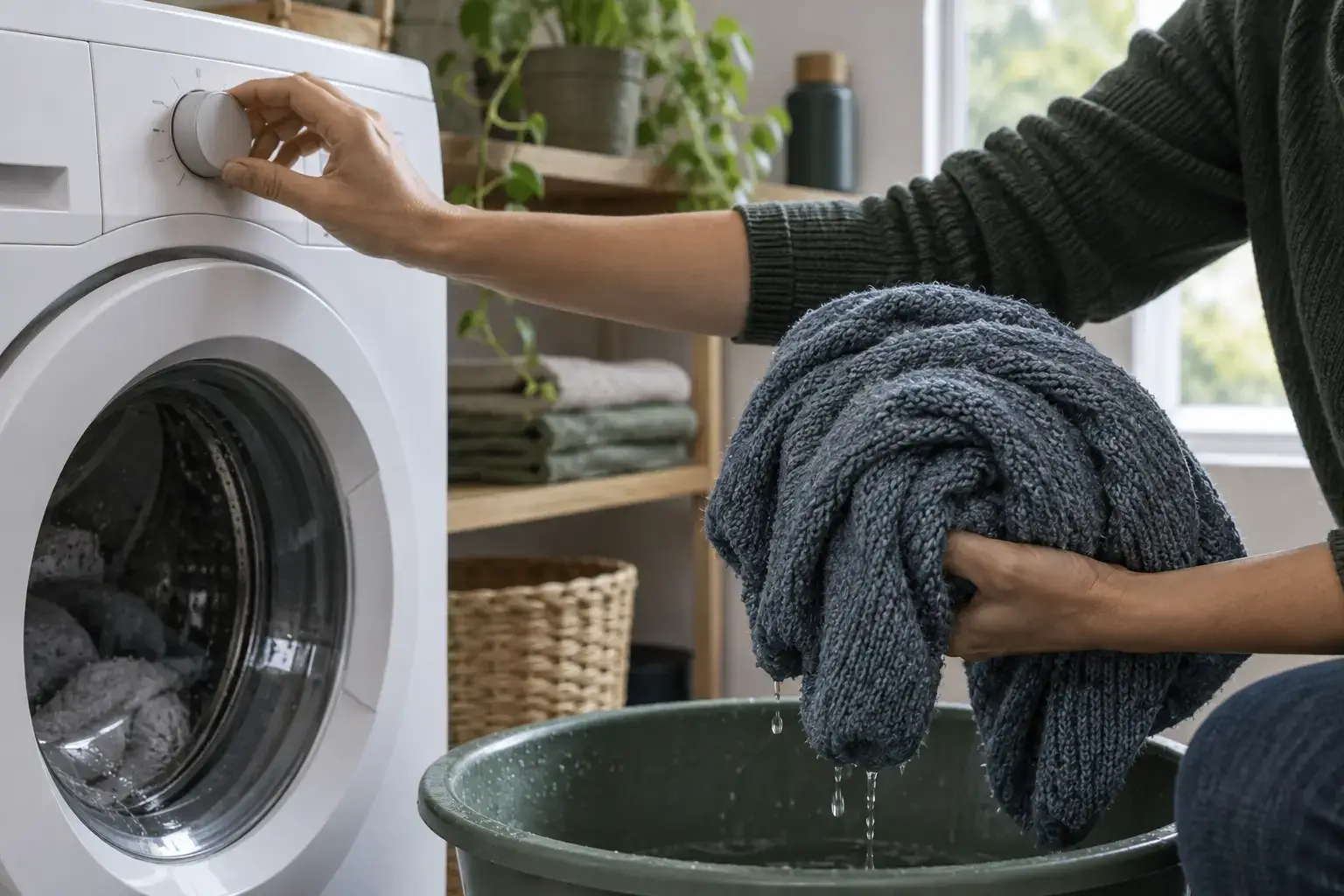 Main réglant un lave-linge près d’une maille humide soutenue dans une bassine